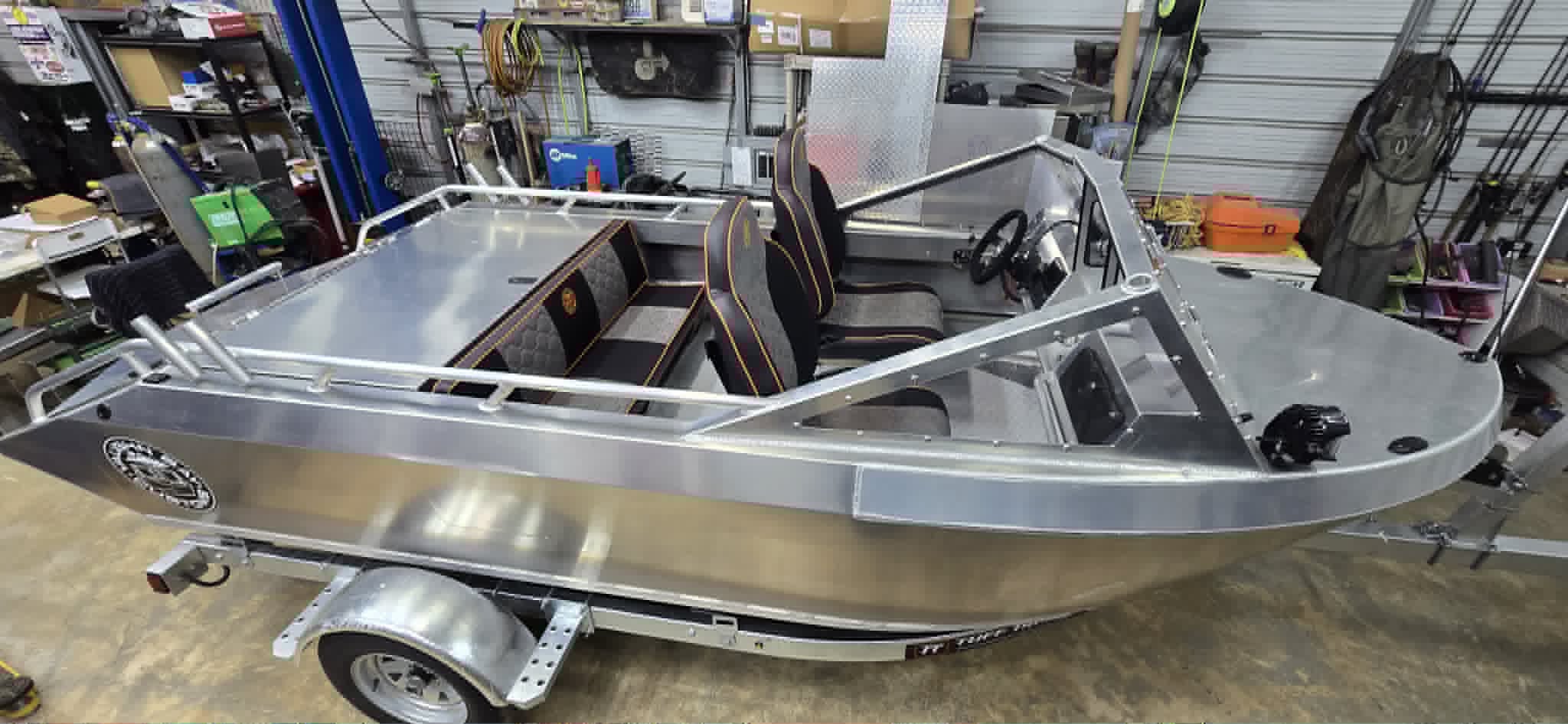 Elevated profile of the finished VB14 interior showing seats, rod holders and open rear deck